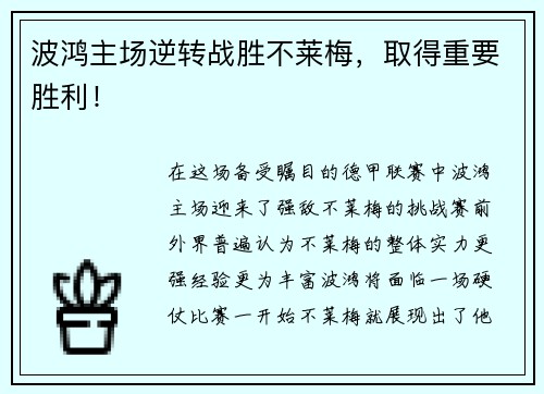 波鸿主场逆转战胜不莱梅，取得重要胜利！