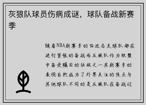 灰狼队球员伤病成谜，球队备战新赛季
